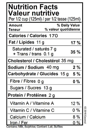 Coconut Ice Cream Nutritional Label