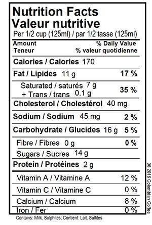 Colombian Coffee Ice Cream Nutritional Label