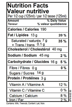 Kulfi Ice Cream Nutritional Label