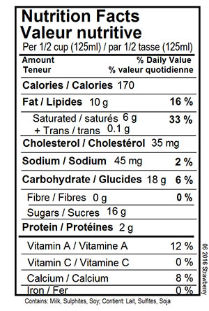 Strawberry Ice Cream Nutritional Label